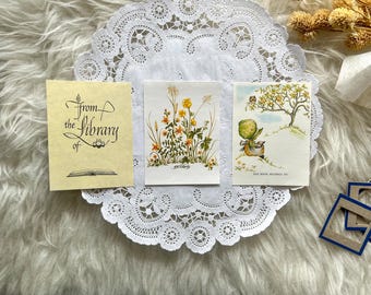 NOS Vintage Bookplates - Set of 5 || made in USA vintage ephemera scrapbooking bookstagram journaling antioch label ex libris holly hobbie