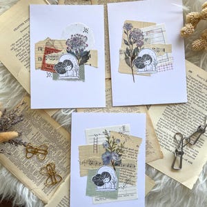Juego de 3 tarjetas de felicitación con collage vintage de chica hechas a mano // Para cualquier ocasión, pegatinas modernas de papel antiguo vintage con motivos florales, delicados, para cumpleaños y agradecimientos
