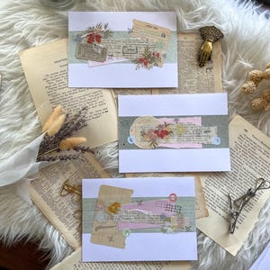Grüne Blumen Handgemachte Collage Grußkarte 3er Set || Geburtstags-Aufkleber, vintage, antik, Papier, modern, Blumen, zierlich, edel