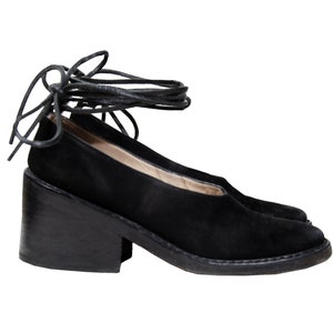 Vintage Ann Demeulemeester black suede block heel wrap around lace ballerina shoes / Made in Italy