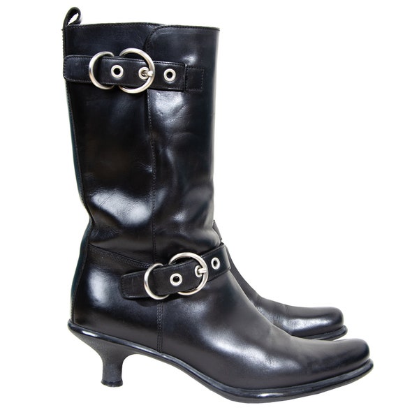 Vintage Miu Miu black leather biker kitten heel boots / Miu Miu black leather silver buckle cowboy boots / Made in Italy