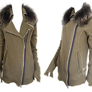 Vintage L.G.B. Khaki Green Thumbhole Raccoon Fur Collar Jacket