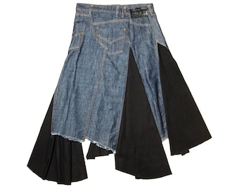 90s asymmetrical midi denim skirt / Deconstructed denim skirt