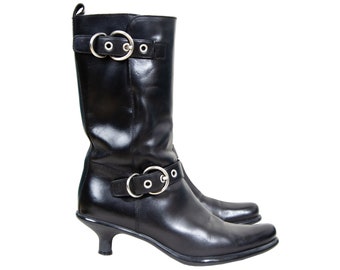 Vintage Miu Miu black leather biker kitten heel boots / Miu Miu black leather silver buckle cowboy boots / Made in Italy