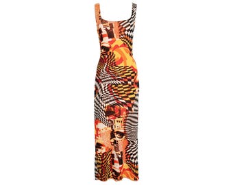 90s layered mesh dress 90s Mesh Dress / Italian Designer Double Layer Mesh Collage Print  Sleeveless Dress / Made in Italy