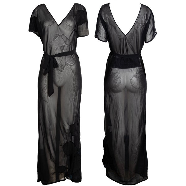 Vintage PierAntonioGaspari sheer mesh black maxi dress with geometric linen patches details / Made in Italy