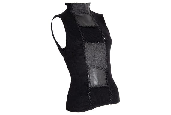 RESERVED 2000s wool knit leather patchwork sleeve… - image 2