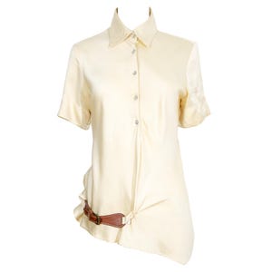 Vintage Collection Privée? 100% silk cream short sleeves asymmetrical shirt with leather buckle / Made in Italy