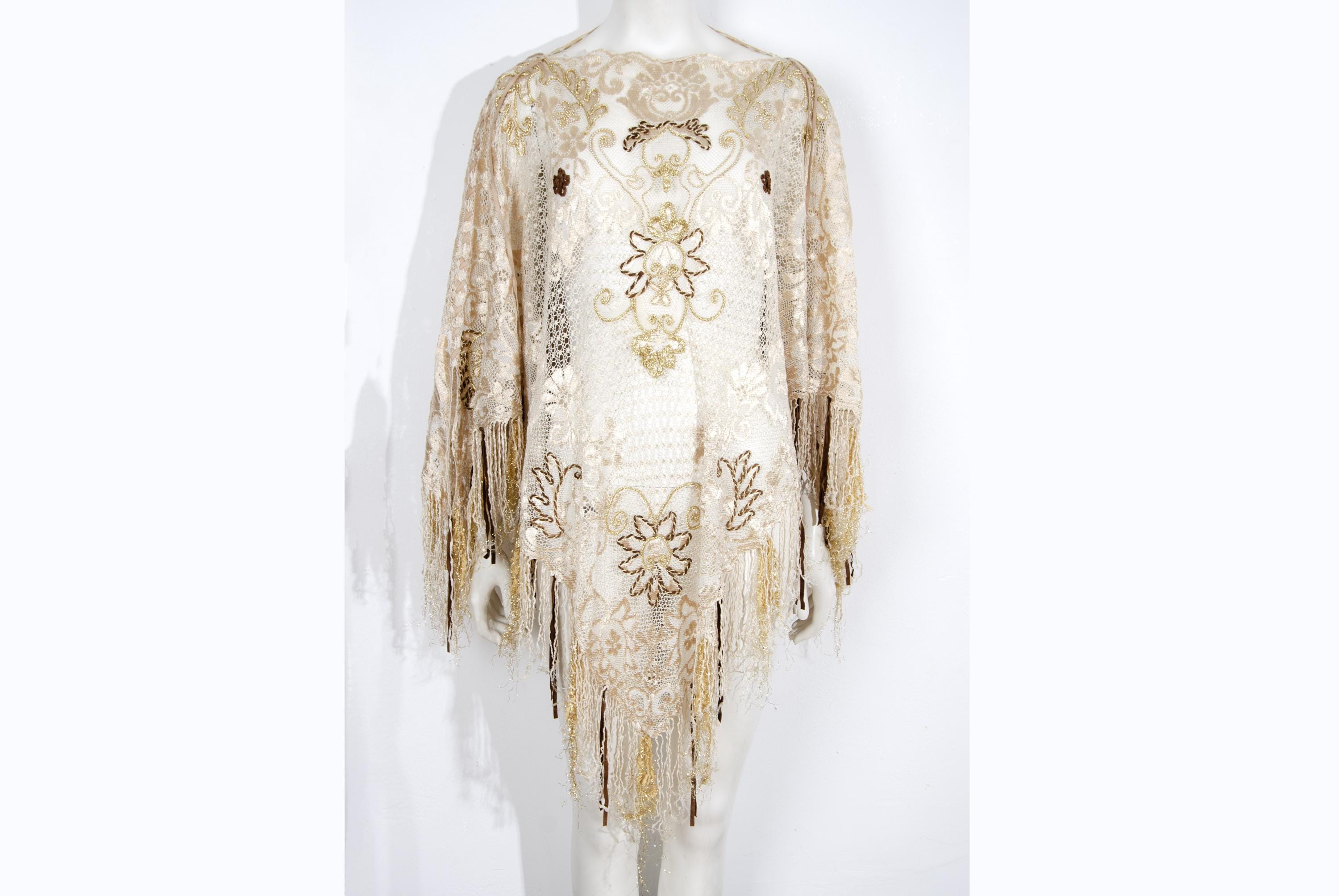 Vintage Gaetano Navarra lace summer poncho with gold embroidery, fringe hem and leather laces