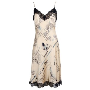 newspaper silk dress Vintage 2006 John Galliano Documented Newspaper Print Silk Bias-Cut Slip  Dress