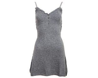 Vintage cashmere blend grey knit mini dress / Ruffle trim short knit cashmere and wool dress / Made in Italy