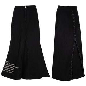 Vintage black printed poem mermaid skirt / 1990s printed message black cotton corset back maxi skirt / Made in Spain