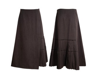 Vintage Atsuro Tayama wool striped brown asymmetrical pleated maxi skirt / Made in Japan