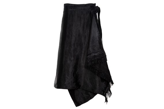 Marni, Marni black jacquard satin asymmetrical wrap skirt with fringe hem