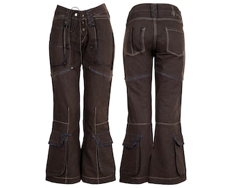 Pantalon évasé taille basse en coton marron Marithé + François Girbaud / Jean cargo multi-poches MFG / Fabriqué en Italie