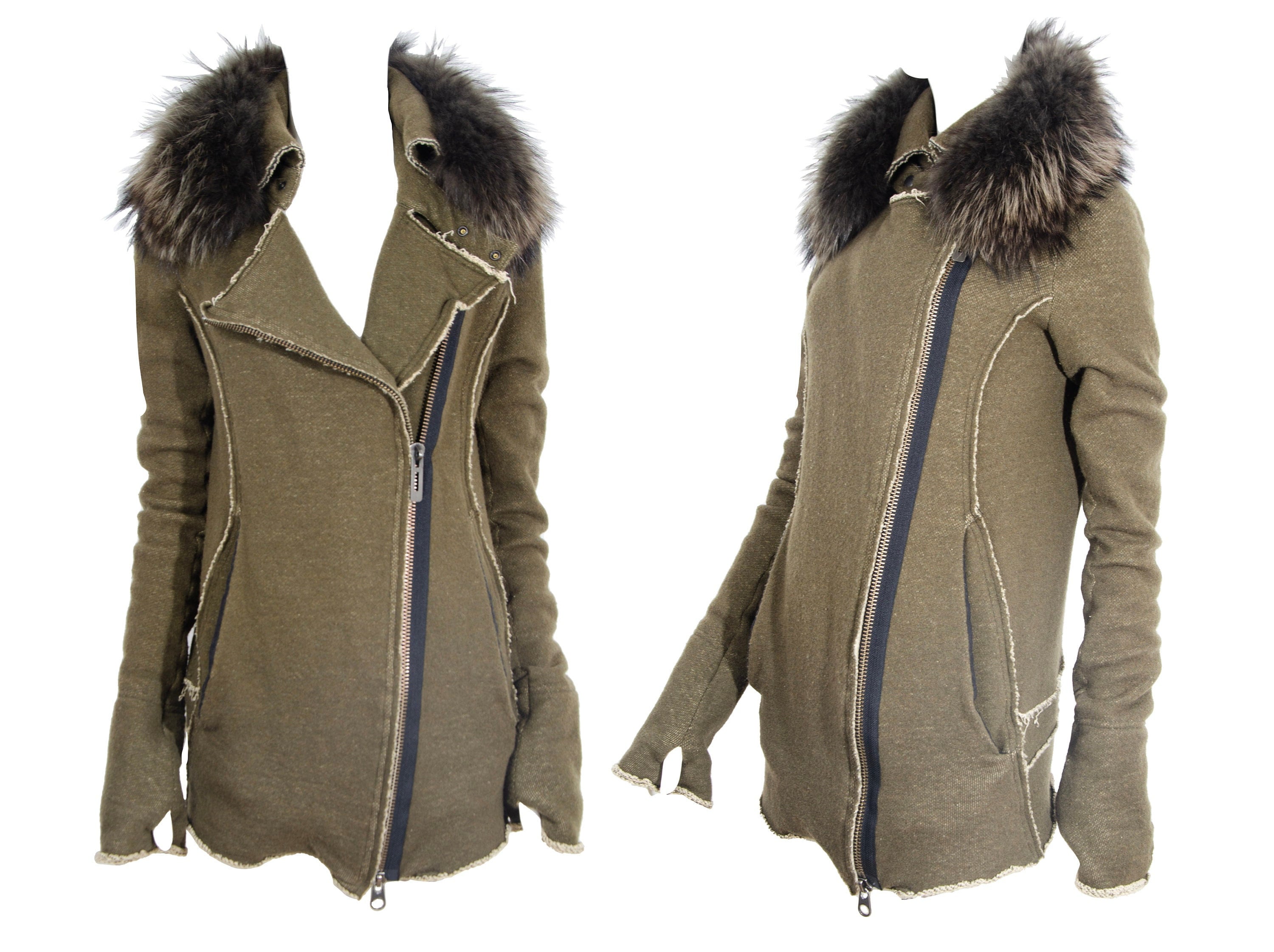 Vintage L.G.B. Khaki Green Thumbhole Raccoon Fur Collar Vintage L.G.B. Khaki Green Thumbhole Raccoon Fur Collar