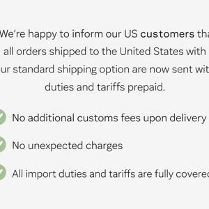 May include: Text on a light gray background states that orders shipped to the US with standard shipping have duties and tariffs prepaid. Includes bullet points: No additional customs fees, no unexpected charges, and all import duties covered.