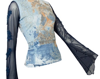 Save The Queen vintage sheer mesh bell sleeves top / Lettuce edge mesh flared sleeves top / Collage fantasy print top