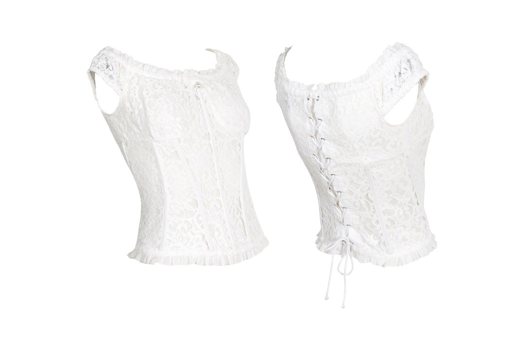 90s White Lace Corset Back Cap Sleeves Top Etsy Canada