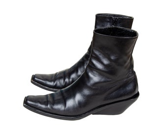 Vintage Ann Demeulemeester botas calcetín de cuero negro con tacón inclinado / Archive Ann Demeulemeester botas de punta puntiaguda de calcetín delgado de cuero negro