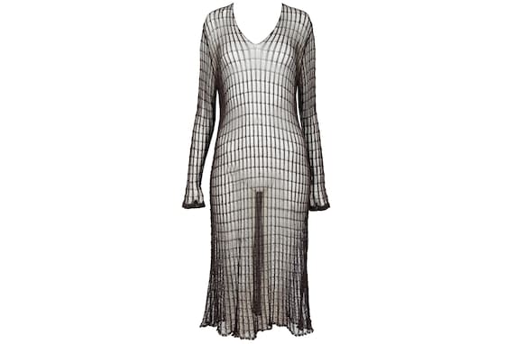 Dries Van Noten, Vintage Dries Van Noten sheer open knit long sleeve brown dress