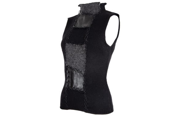 RESERVED 2000s wool knit leather patchwork sleeve… - image 3