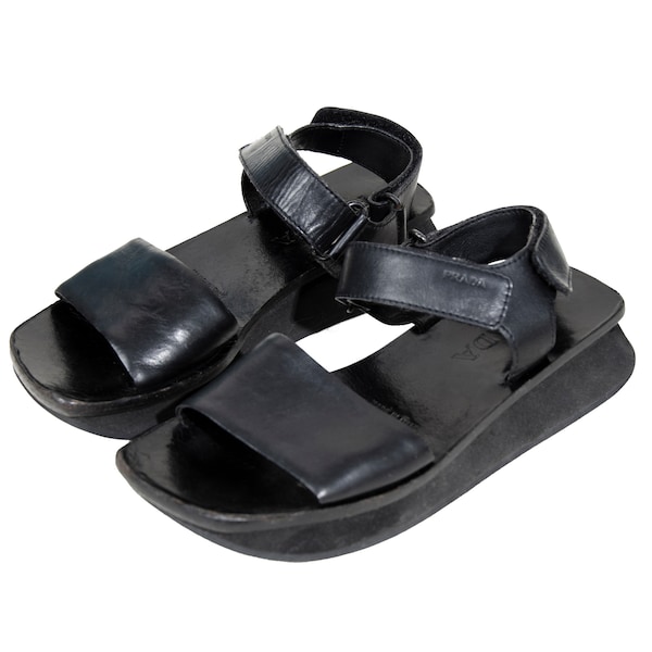 1999 Prada sporty black leather chunky platform sandals / 90s Prada vintage minimalist leather flatform velcro sandals / Made in Italy