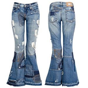 2000s Distressed Patchwork Low Waisted Bell Bottom Jeans / Made in 