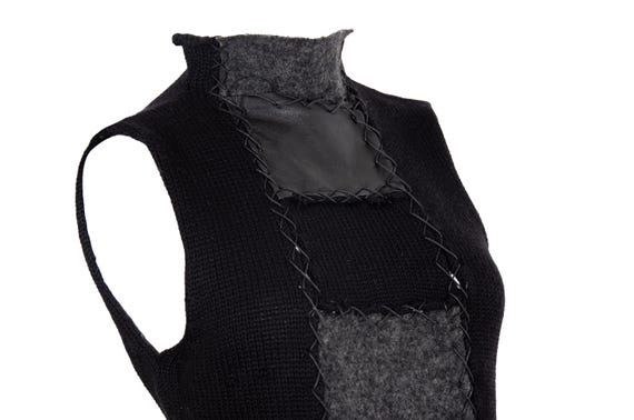 RESERVED 2000s wool knit leather patchwork sleeve… - image 6