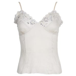 Vintage 100% silk cream tank top with lace and silver tone sequins details / Made in Italy