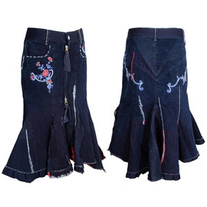 2000s Marithé + François girbaud zip front embroidered denim mermaid skirt