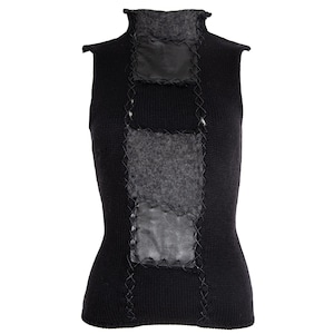 RESERVED 2000s wool knit leather patchwork sleeveless mock neck top / Vintage Italian brand top / Made in Italy