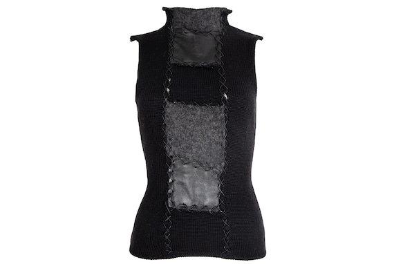 RESERVED 2000s wool knit leather patchwork sleeve… - image 1