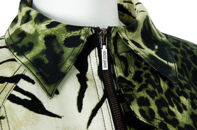 80s Kenzo animal print jacket Kenzo jeans jungle print jacket Green cheetah zebra giraffe print zip up jacket Size S