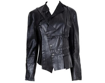 Vintage French brand deconstructed avant garde black leather jacket / Early 2000s asymmetrical patchwork jacket / Made in France