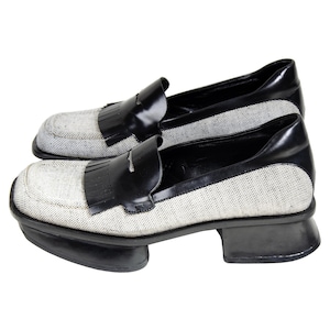 SOLD OUT - S/S 1999 Prada split sole platform loafers / 90s archive Prada tweed and leather chunky sole fringe loafers / Made in Italy