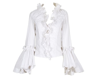 Camicia bianca con bottoni, maniche a volant esagerate e svasate, di ispirazione vittoriana vintage / Marchio francese vintage