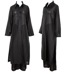 Vintage minimalist black linen long shirt jacket & pants two piece set