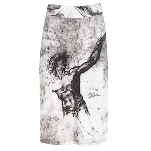 Falda con estampado de estatuas griegas en blanco y negro con dibujo a carboncillo de diseño español vintage / Fabricada en España