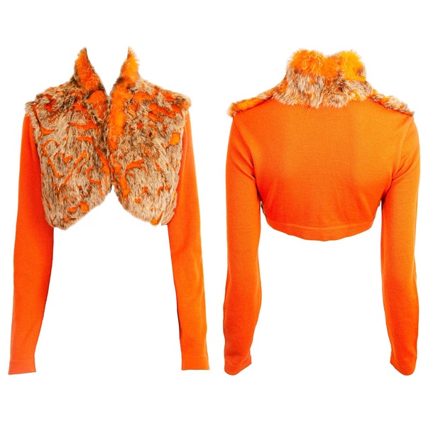 Boléro en tricot de laine mélangée de cachemire et fourrure de lapin orange Amaya Arzuaga des années 90 / Veste courte courte ouverte en fourrure Amaya Arzuaga / Fabriqué en Espagne