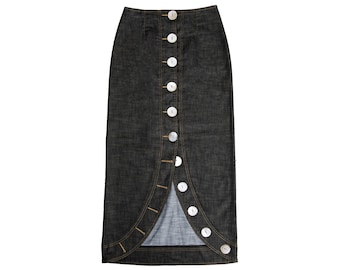 Vintage French designer oversized button front asymmetrical denim skirt / Made in France