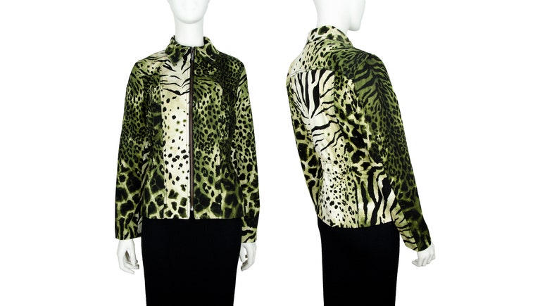 80s Kenzo animal print jacket Kenzo jeans jungle print jacket Green cheetah zebra giraffe print zip up jacket Size S