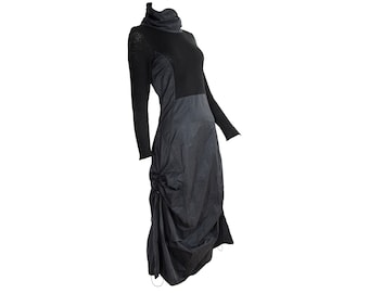 Vintage toggle drawstring asymmetrical technical nylon and rib knit parachute dress / Made in France