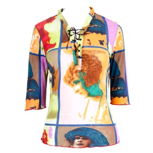 Vintage early 2000s pop art portraits mesh top / Multicolor sheer mesh Divina Marchesa print 3/4 sleeves top