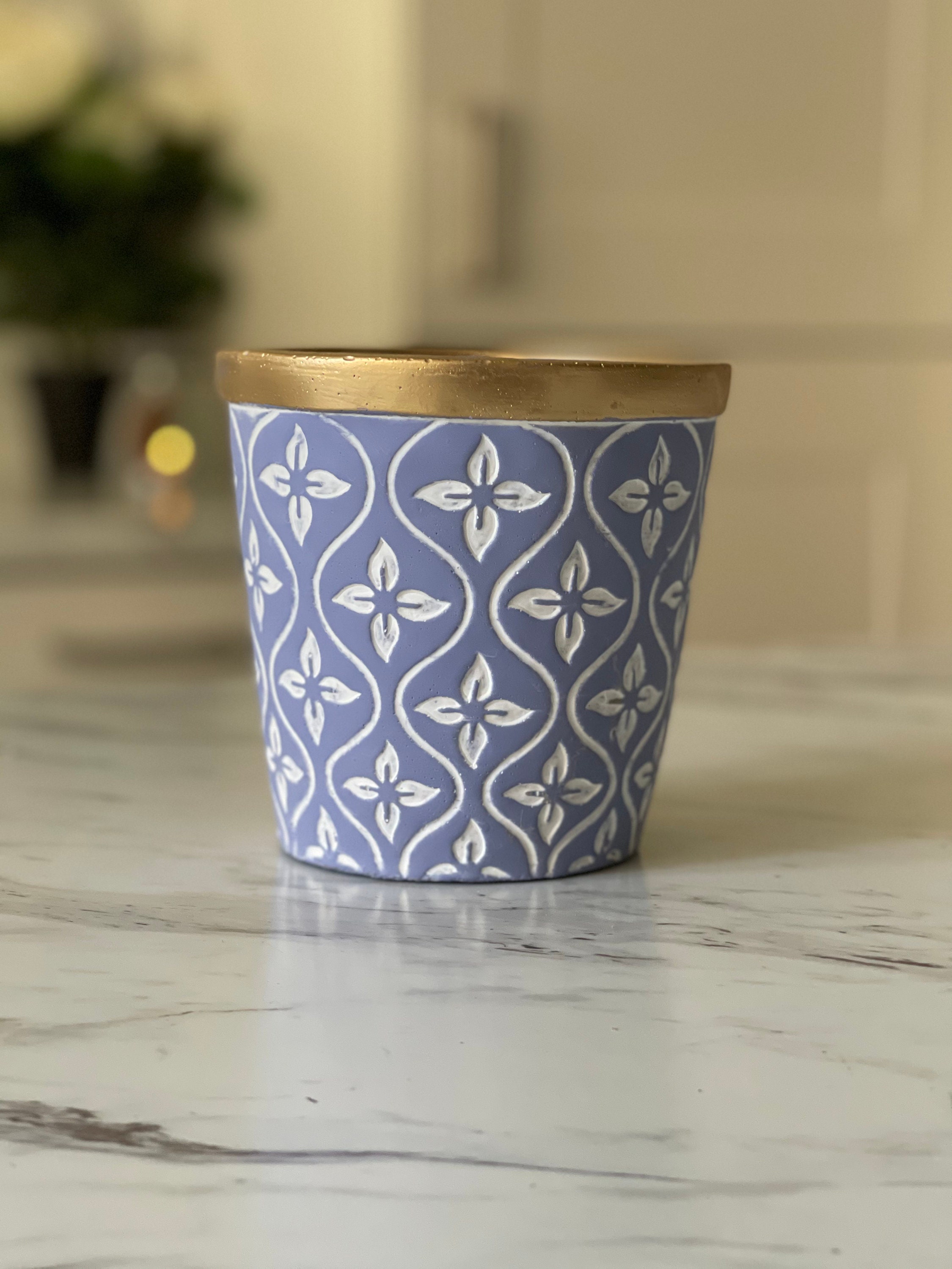 Large 14cm Ceramic Blue Plant Pot Patterned Blue Planter Etsy