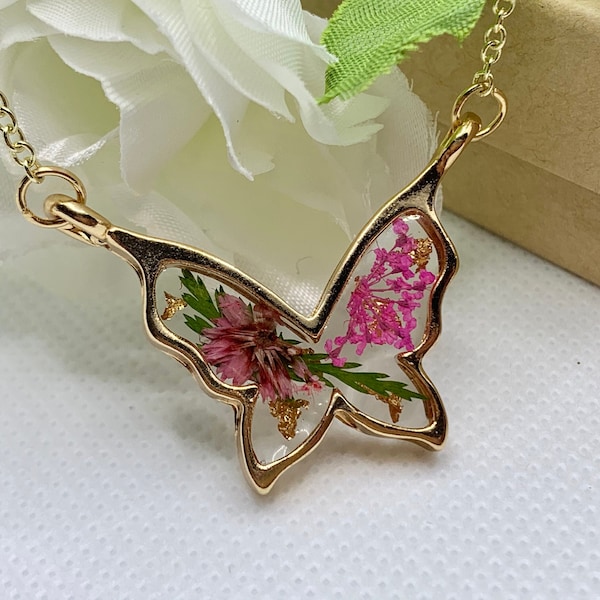 Butterfly Necklace, Gold Jewelry, Handmade Pressed Flowers Birthday, Anniversary Birthday Day Gifts women For her Day Gift Mother's Day