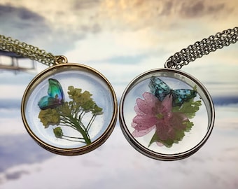 Cleo, Andrea, Necklace, Handmade Pressed Flowers Butterfly Pendant, Chain, Real Flowers, Personalized Jewelry Birthday Gift Anniversary Her