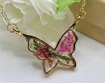 Butterfly Necklace, Gold Jewelry, Handmade Pressed Flowers Birthday, Anniversary Birthday Day Gifts women For her Day Gift Mother's Day