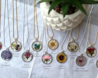 Gift for her, Handmade Birth Month Real Flower Necklace, Personalized Handmade, Pressed Flower Resin Pendant Jewelry Wedding Bridesmaid June
