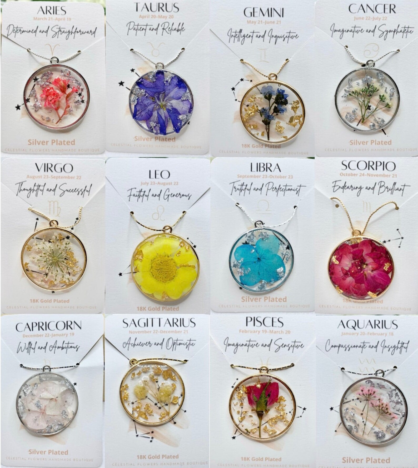 Zodiac Sign Month Birthstone Real Flower Color Gift for her Etsy